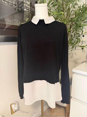 Marled Black Ivory Layered Sweater Blouse Top Collar High Low M